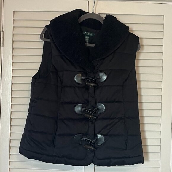 Lauren Ralph Lauren women's large quilted puffer vest toggles fleece black - Picture 1 of 8